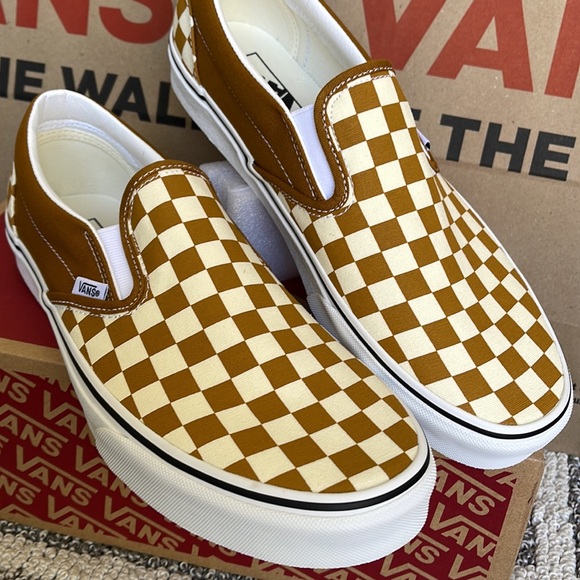 Vans Classic Slip-On Checkerboard Golden Brown/True White MENS - Picture 7 of 16